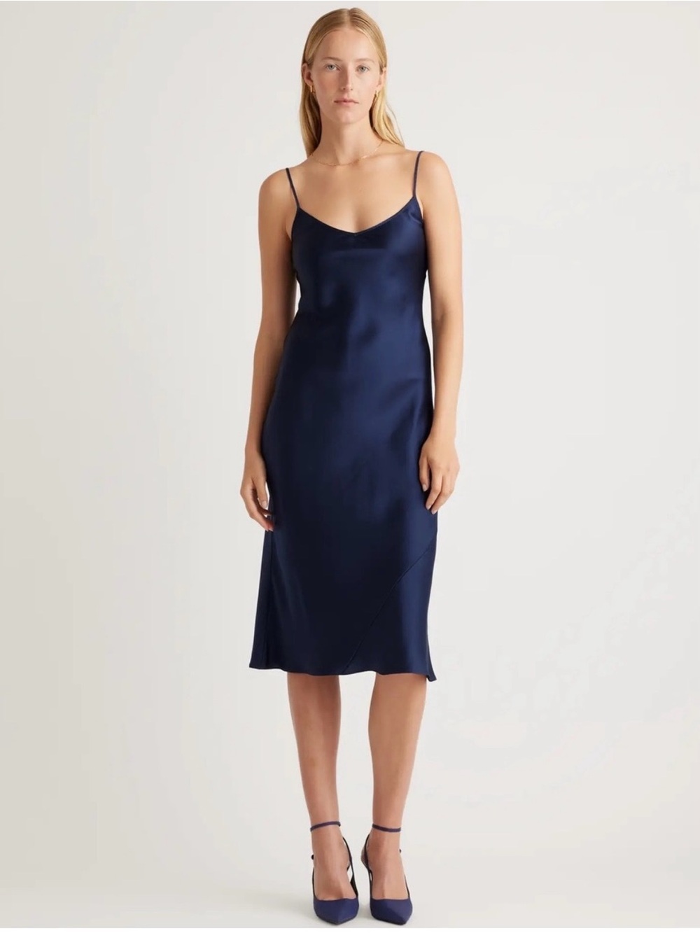 Wilfred Navy Blue Only Slip Satin Midi Dress from Aritzia